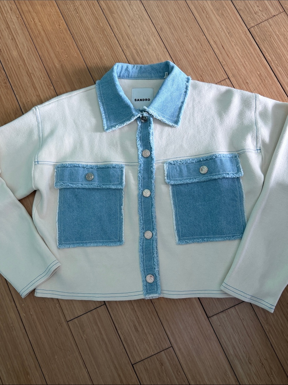 Sandro women’s Cream Jacket with Light Blue Denim Trim